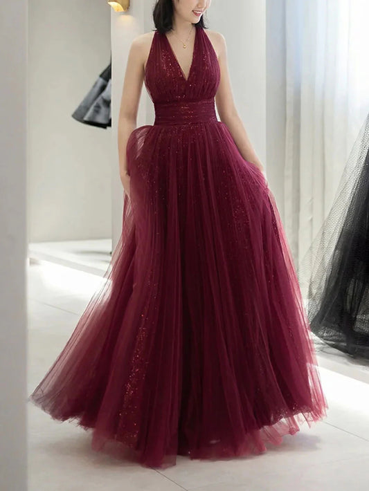 Burgundy Aline v neck tulle sequin long prom dress burgundy prom dress