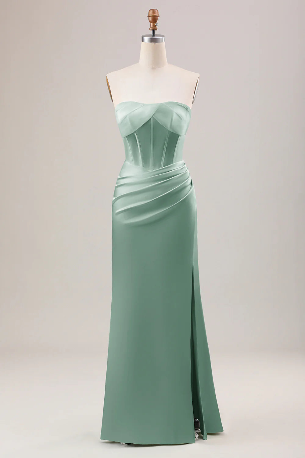 Mermaid Strapless Pleated Corset Long Bridesmaid Dress With Slit