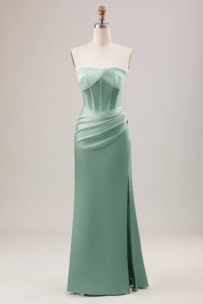 Mermaid Strapless Pleated Corset Long Bridesmaid Dress With Slit
