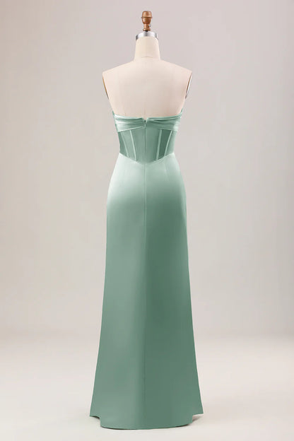 Mermaid Strapless Pleated Corset Long Bridesmaid Dress With Slit