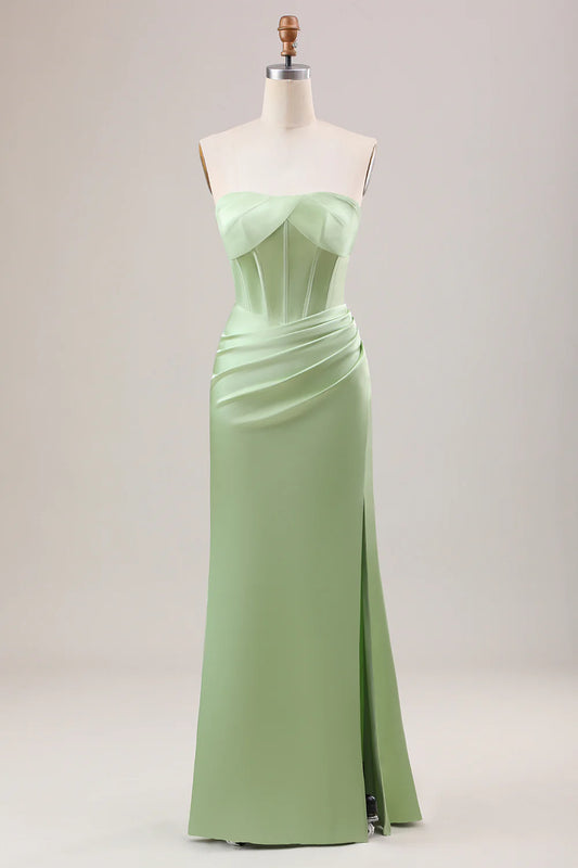 Mermaid Strapless Pleated Corset Long Bridesmaid Dress With Slit