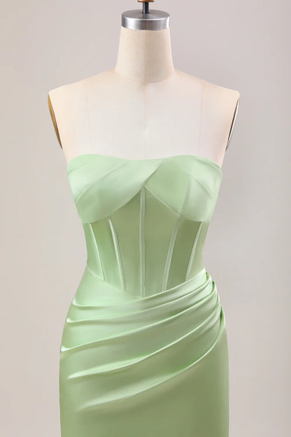 Mermaid Strapless Pleated Corset Long Bridesmaid Dress With Slit