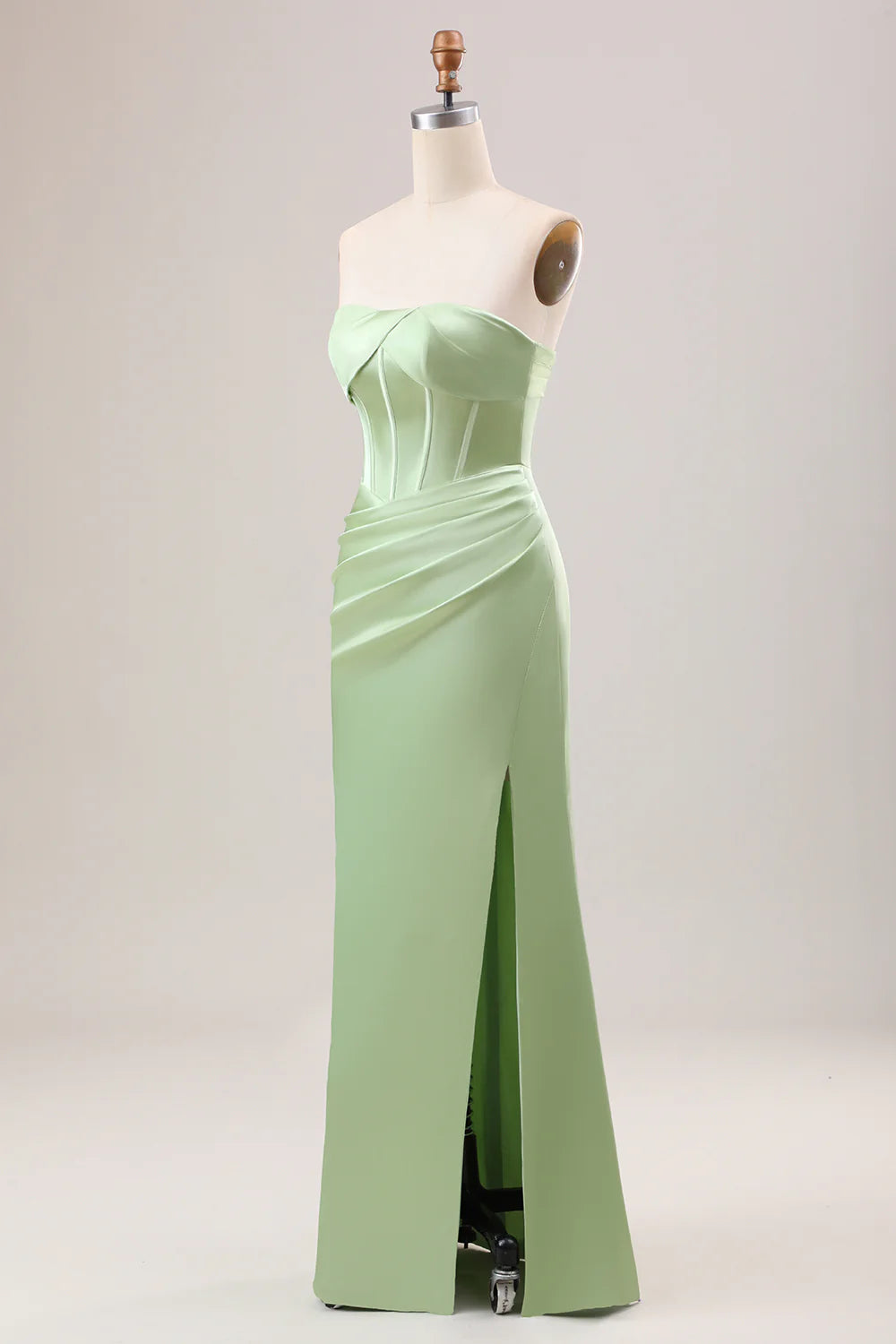 Mermaid Strapless Pleated Corset Long Bridesmaid Dress With Slit