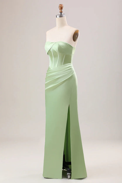 Mermaid Strapless Pleated Corset Long Bridesmaid Dress With Slit