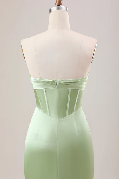Mermaid Strapless Pleated Corset Long Bridesmaid Dress With Slit