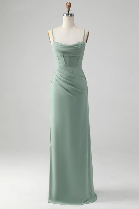 Mermaid Spaghetti Straps Corset Long Bridesmaid Dress with Slit