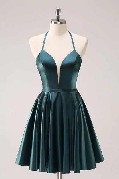 Peacock Blue A-Line Halter Short Metallic Homecoming Dress