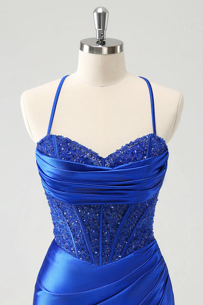 Royal Blue Sequin Pleated Tight Corset Short Homecoming Dress