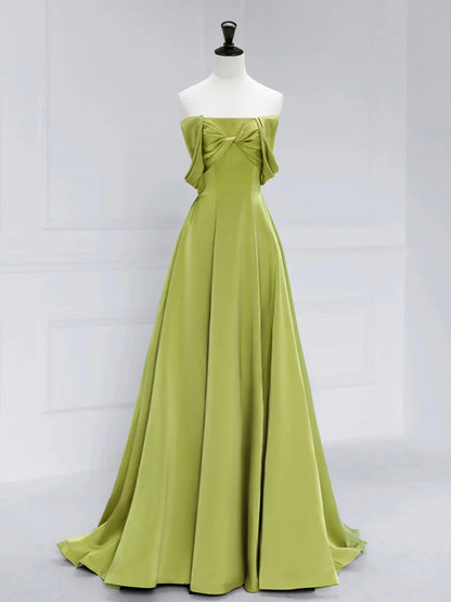 A-Line Off Shoulder Satin Green Long Evening Dress Green Long Formal Dress
