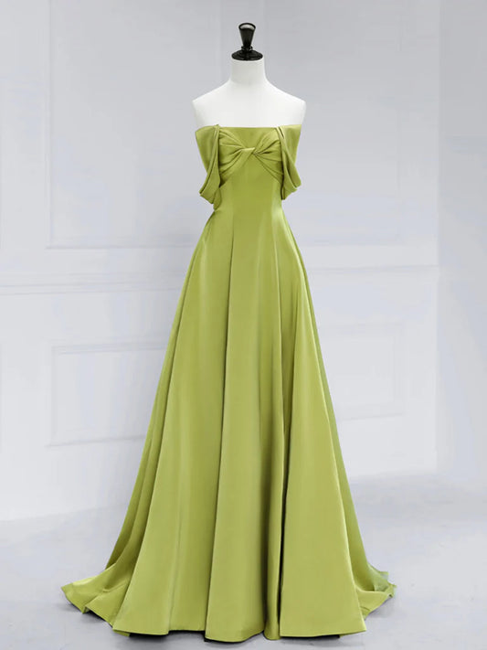 A-Line Off Shoulder Satin Green Long Evening Dress Green Long Formal Dress