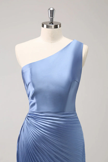 Sheath One Shoulder Satin Keyhole Long Bridsmaid Dress