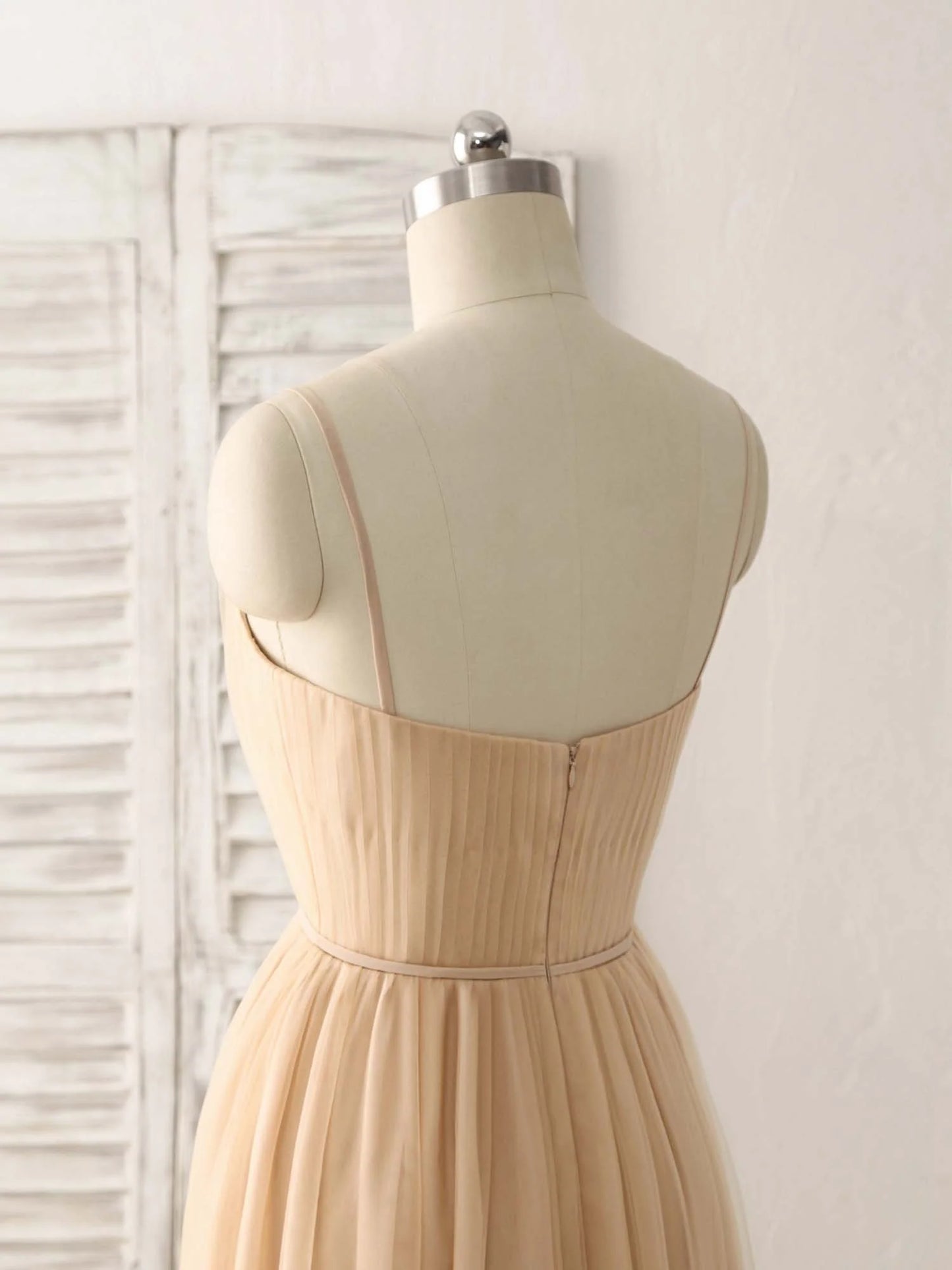 V Neck Tulle Chiffon Long Prom Dress Champagne Bridesmaid Dress