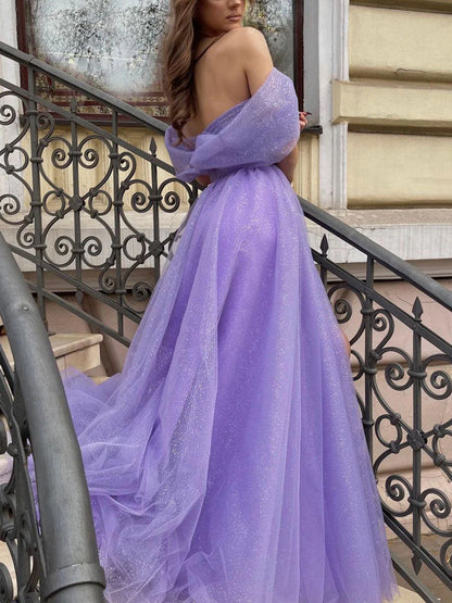 Purple off shoulder tulle sequin long prom dress purple evening prom dress