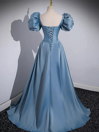 A-Line Satin Blue Long Evening Dress Blue Satin Long Evening Dress