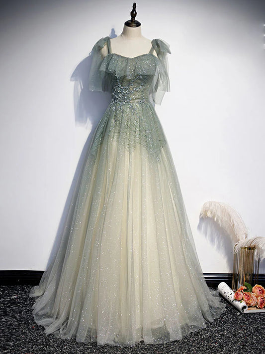 Green tulle sequin beads long prom dress green tulle prom dress