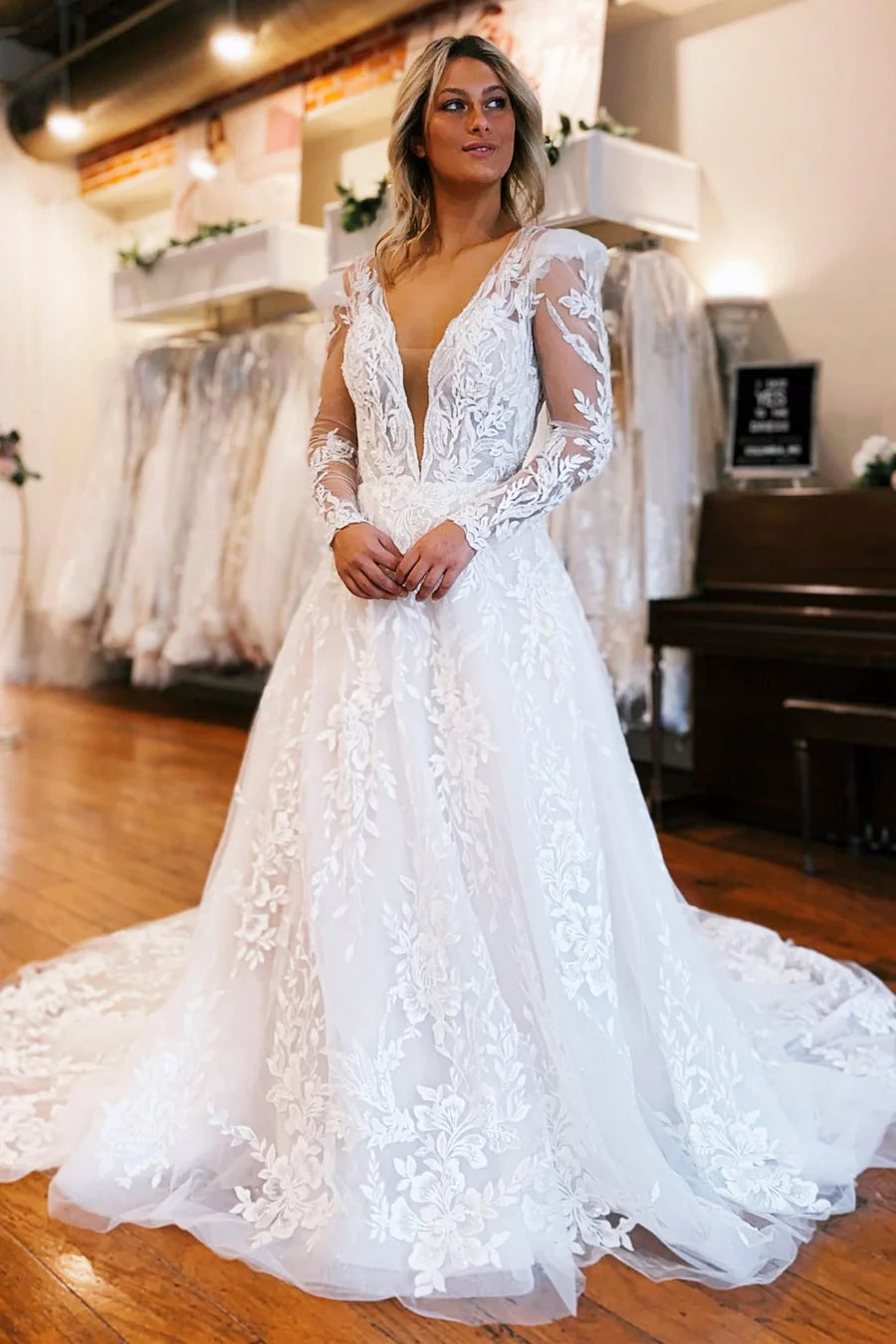 Appliques Plunge V A-Line Long Wedding Dress with Long Sleeves
