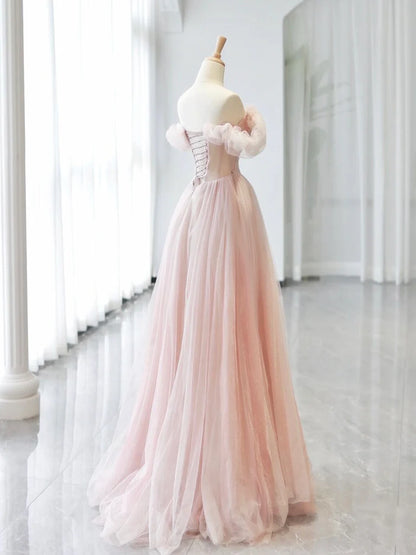 A-Line Sweetheart Neck Off Shoulder Tulle Pink Long Evening Dress