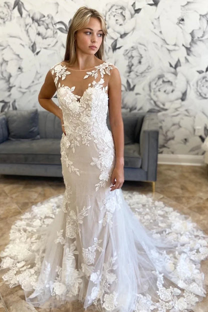 Illusion Neck Appliques Trumpet Long Wedding Dress
