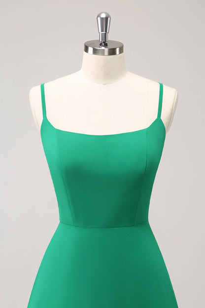 Green A Line Spaghetti Straps Bridesmaid Dress with Ruffle