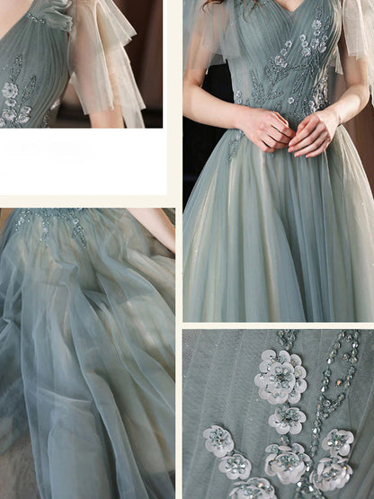 Green v neck tulle lace long prom dress green tulle prom dress