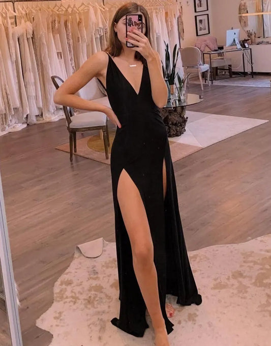 Simple and Sexy Slim Fit Black Long Ball Dress with Side Split Evening Dress