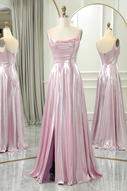 Sparkling Slim Fit Pink A-line Italian Noodle Strap Long Split Ball Dress