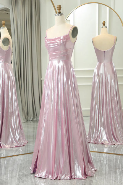 Sparkling Slim Fit Pink A-line Italian Noodle Strap Long Split Ball Dress
