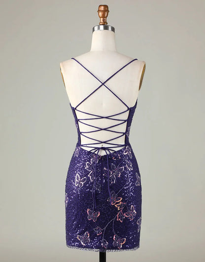 Advanced Deep Purple Italian Noodle Strap Sparkling Butterfly Back to School Dress