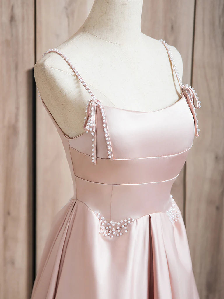 A-Line Satin Pink Long Prom Dress Pink Long Formal Dress