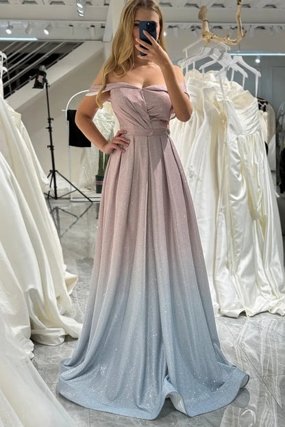 Shiny powder blusher fade A-line off shoulder long t prom dress