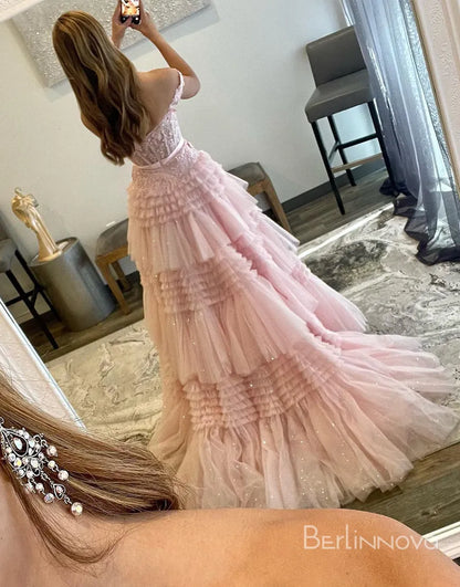 Sexy and elegant A-line shoulder strap with satin ribbon long layered ball dress