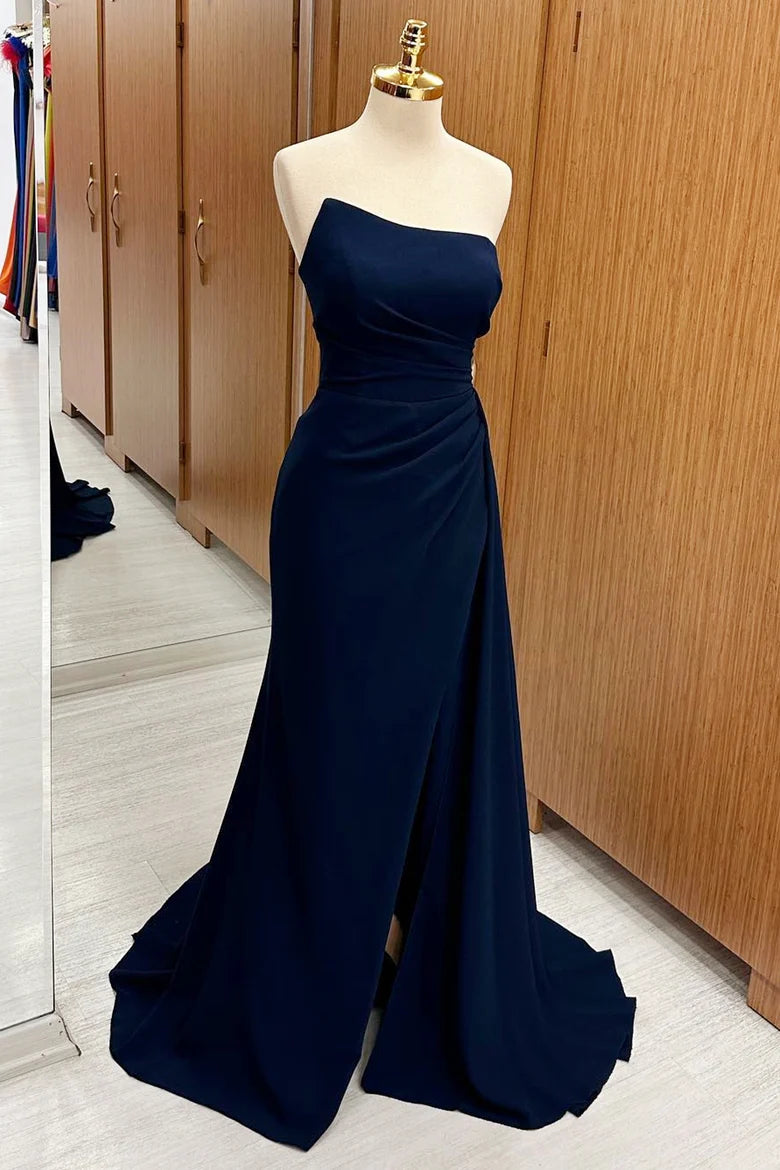 Ruched Bridesmaid Dress with Slit and Attached Train