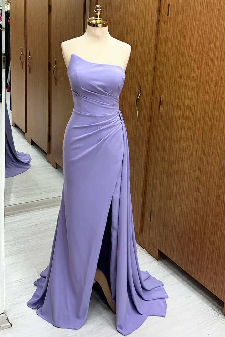 Ruched Bridesmaid Dress with Slit and Attached Train