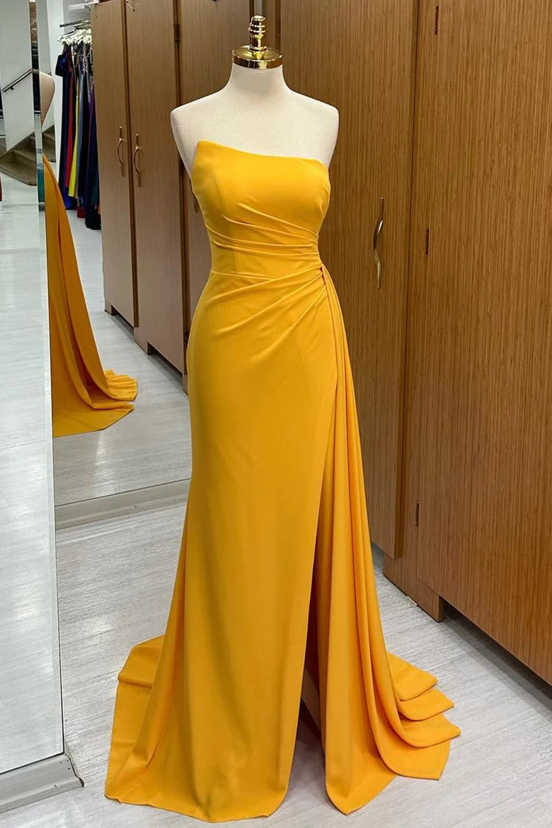 Ruched Bridesmaid Dress with Slit and Attached Train