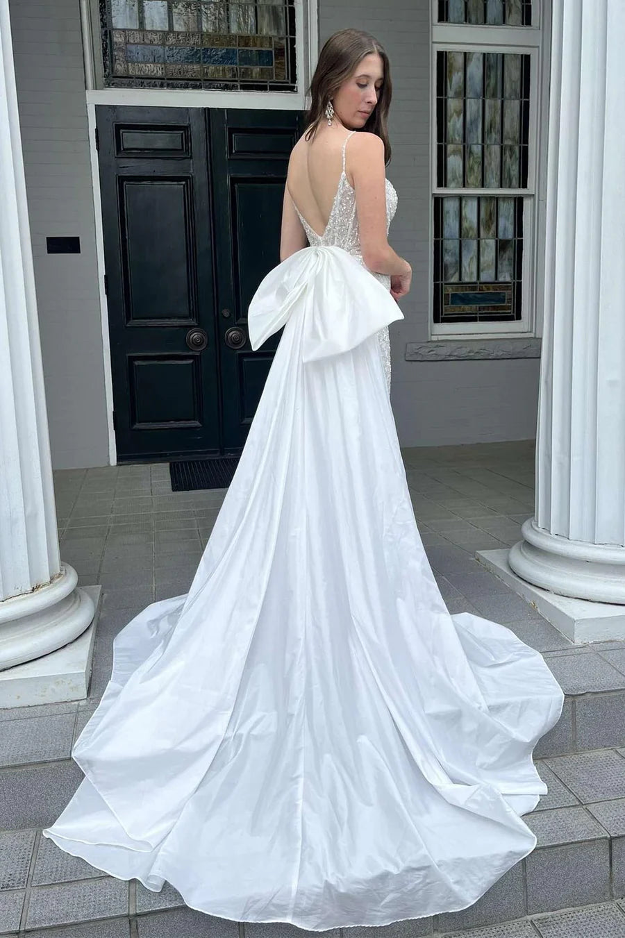 Glitter Lace Plunge V Mermaid Wedding Dress with Attached Train