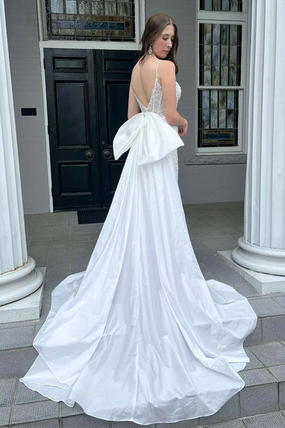 Glitter Lace Plunge V Mermaid Wedding Dress with Attached Train