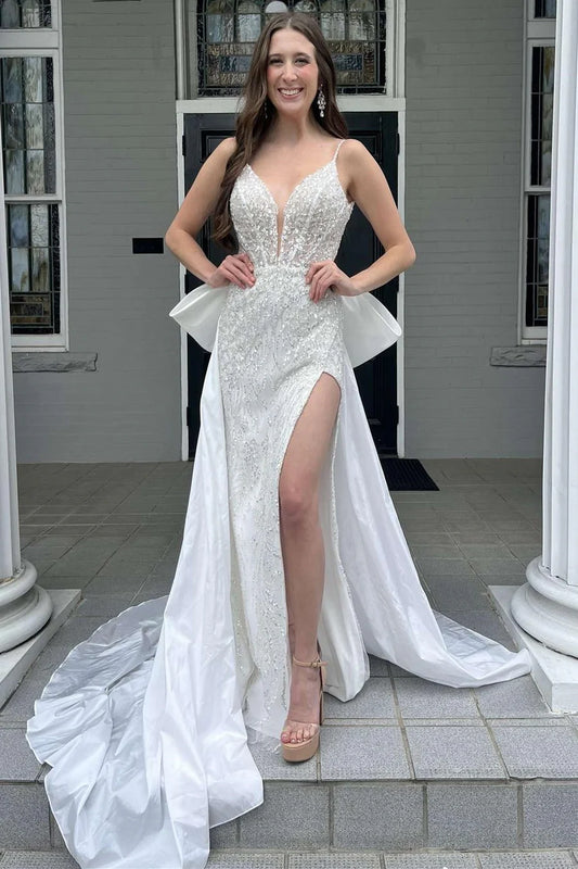 Glitter Lace Plunge V Mermaid Wedding Dress with Attached Train