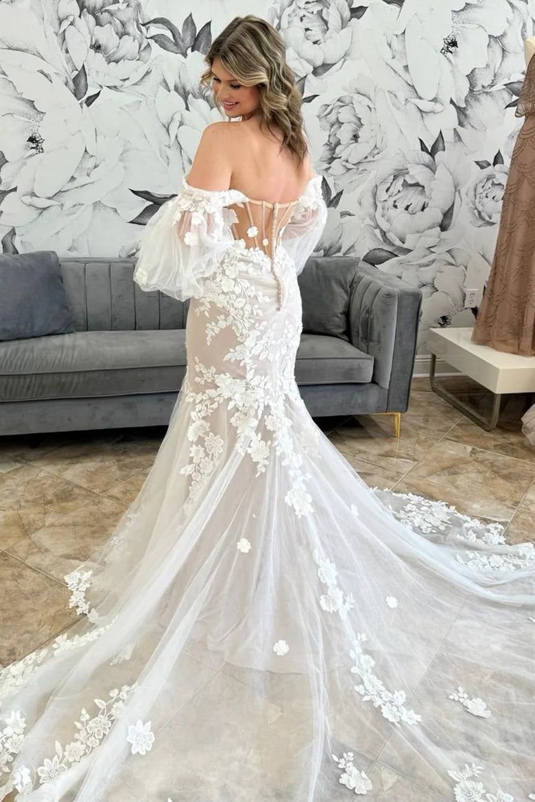 Off-the-Shoulder Trumpet Wedding Dress with Balloon Sleeves