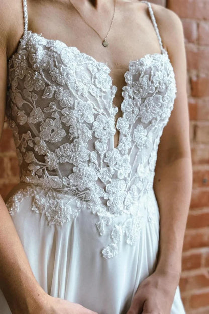 Appliques Spaghetti Strap Backless Long Wedding Dress