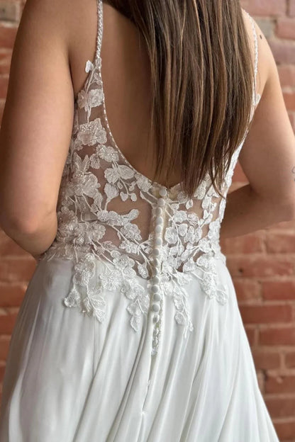 Appliques Spaghetti Strap Backless Long Wedding Dress