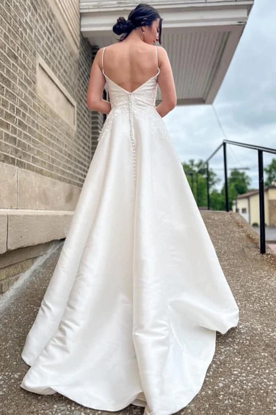 V-Neck A-Line Long Wedding Dress with Appliques