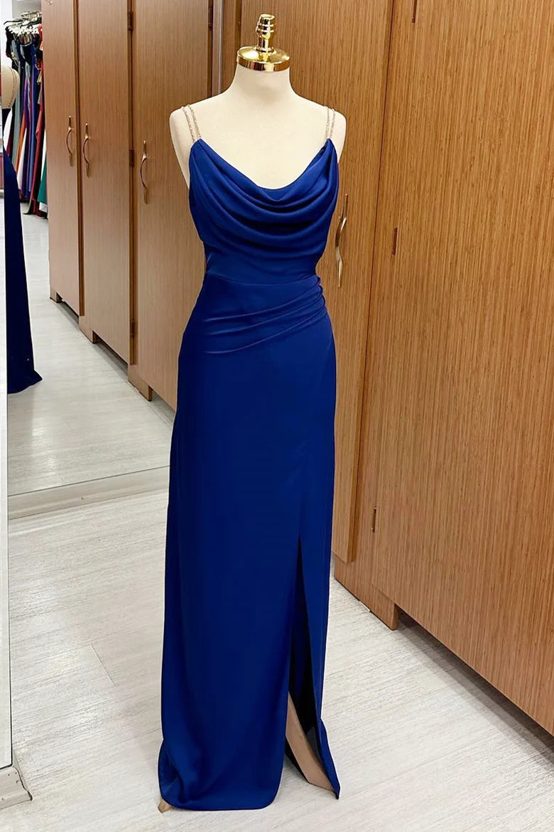 Cowl Neck Sheath Maxi Dress with Slit