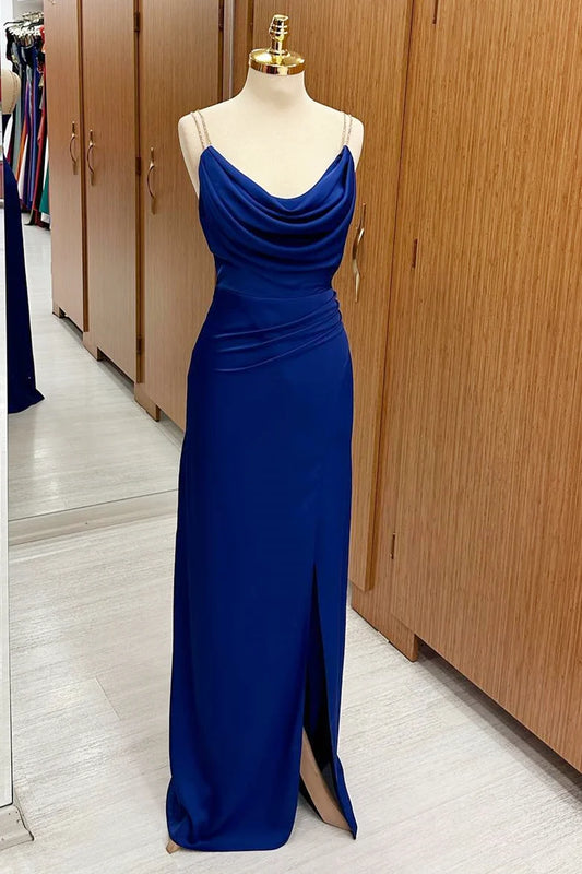 Cowl Neck Sheath Maxi Dress with Slit