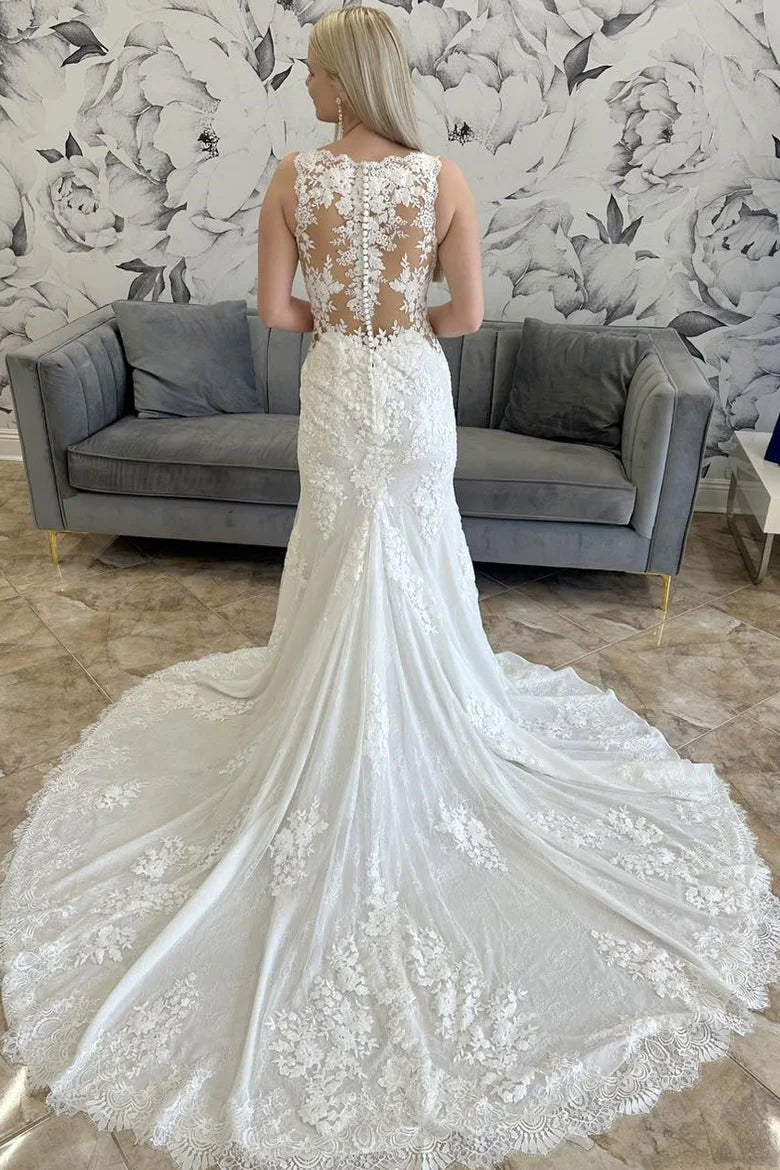 Lace V-Neck Sheer Back Mermaid Long Wedding Dress