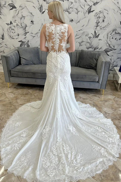 Lace V-Neck Sheer Back Mermaid Long Wedding Dress