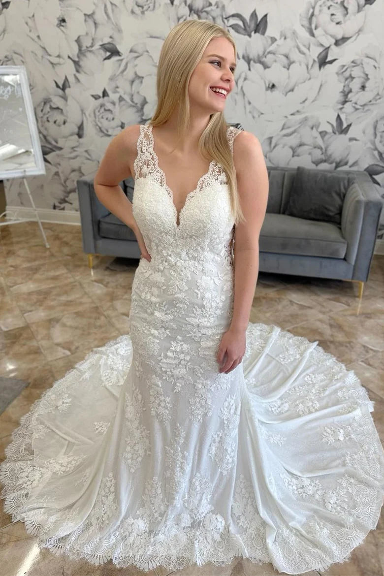 Lace V-Neck Sheer Back Mermaid Long Wedding Dress