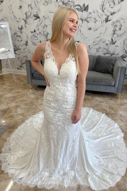 Lace V-Neck Sheer Back Mermaid Long Wedding Dress