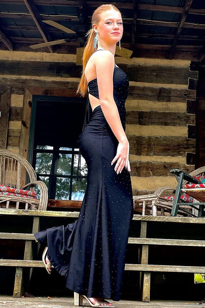 Lace-Up Mermaid Notched Hotfix Long Formal Dress