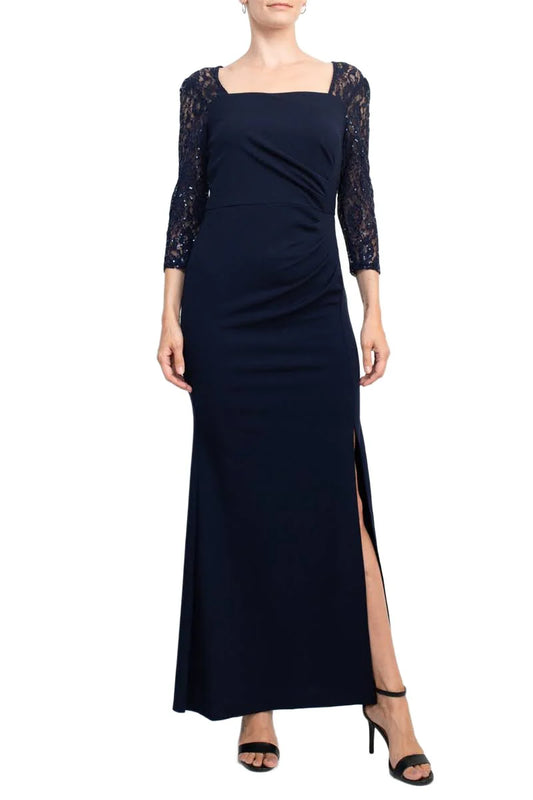 Fashion Square Neck 3/4 Sleeve Pleated Side Front Slit Zipper Back Crepe Mother of the Bride Dresses