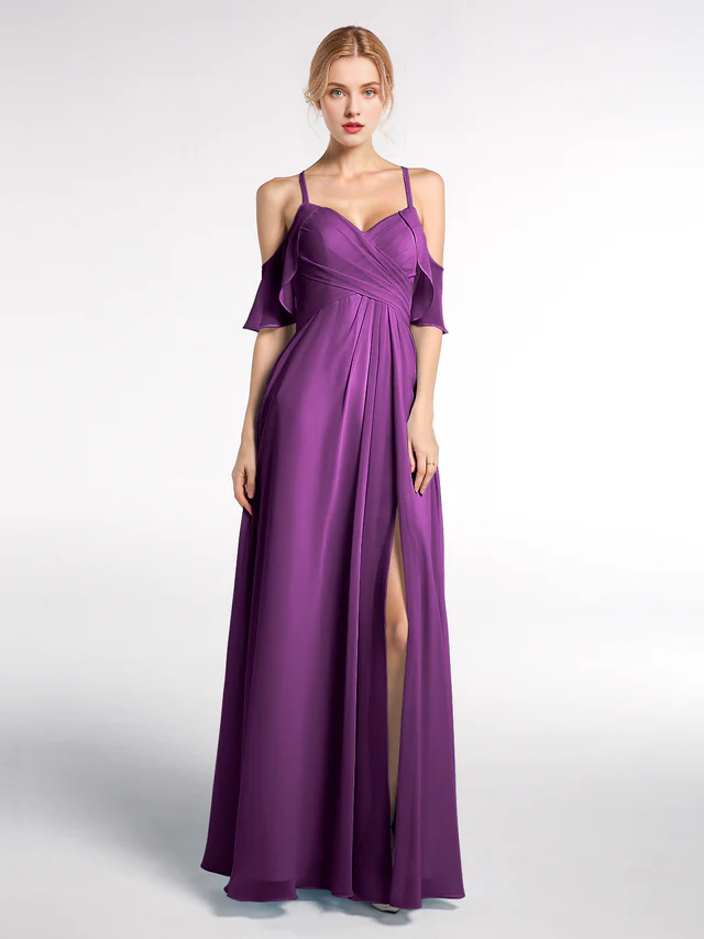 OKBBN slim shoulder strap high waisted ruffled hem slim fit bridesmaid dress